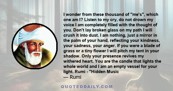 I wonder from these thousand of me's, which one am I? Listen to my cry, do not drown my voice I am completely filled with the thought of you. Don't lay broken glass on my path I will crush it into dust. I am nothing,