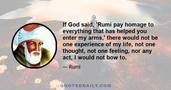 If God said, 'Rumi pay homage to everything that has helped you enter my arms,' there would not be one experience of my life, not one thought, not one feeling, nor any act, I would not bow to.