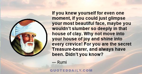 If you knew yourself for even one moment, if you could just glimpse your most beautiful face, maybe you wouldn’t slumber so deeply in that house of clay. Why not move into your house of joy and shine into every crevice! 