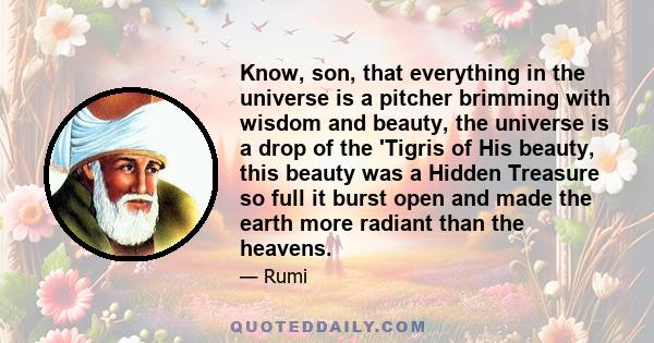 Know, son, that everything in the universe is a pitcher brimming with wisdom and beauty, the universe is a drop of the 'Tigris of His beauty, this beauty was a Hidden Treasure so full it burst open and made the earth