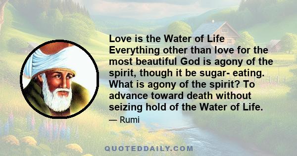 Love is the Water of Life Everything other than love for the most beautiful God is agony of the spirit, though it be sugar- eating. What is agony of the spirit? To advance toward death without seizing hold of the Water