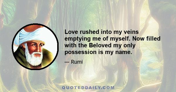 Love rushed into my veins emptying me of myself. Now filled with the Beloved my only possession is my name.