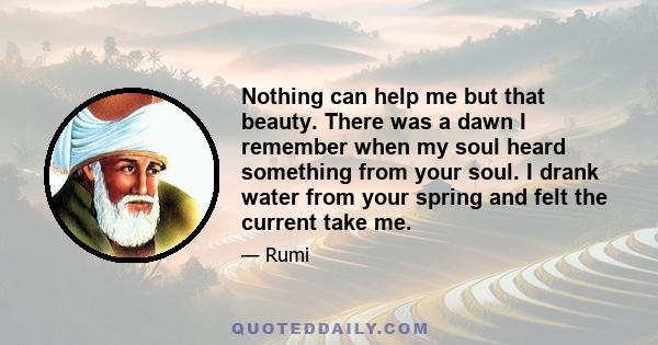 Nothing can help me but that beauty. There was a dawn I remember when my soul heard something from your soul. I drank water from your spring and felt the current take me.