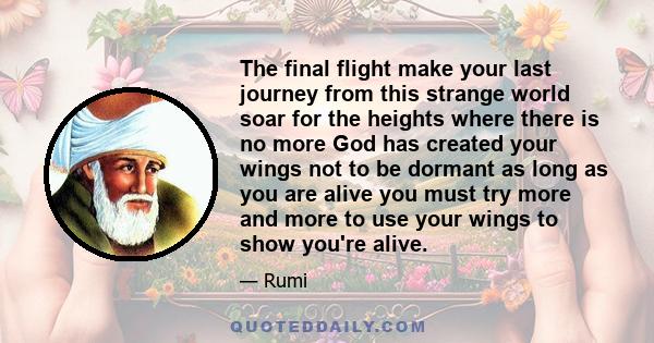 The final flight make your last journey from this strange world soar for the heights where there is no more God has created your wings not to be dormant as long as you are alive you must try more and more to use your