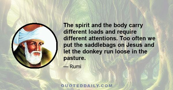 The spirit and the body carry different loads and require different attentions. Too often we put the saddlebags on Jesus and let the donkey run loose in the pasture.