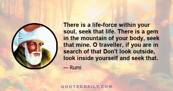 There is a life-force within your soul, seek that life. There is a gem in the mountain of your body, seek that mine. O traveller, if you are in search of that Don't look outside, look inside yourself and seek that.