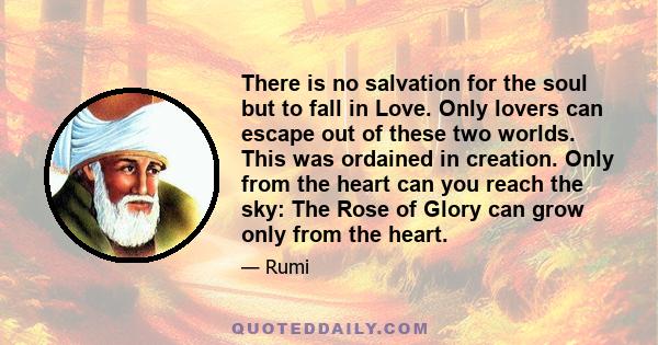 There is no salvation for the soul but to fall in Love. Only lovers can escape out of these two worlds. This was ordained in creation. Only from the heart can you reach the sky: The Rose of Glory can grow only from the