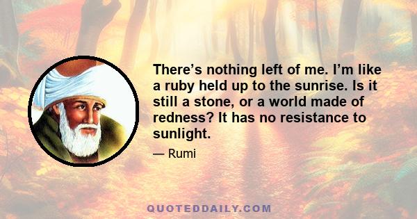 There’s nothing left of me. I’m like a ruby held up to the sunrise. Is it still a stone, or a world made of redness? It has no resistance to sunlight.