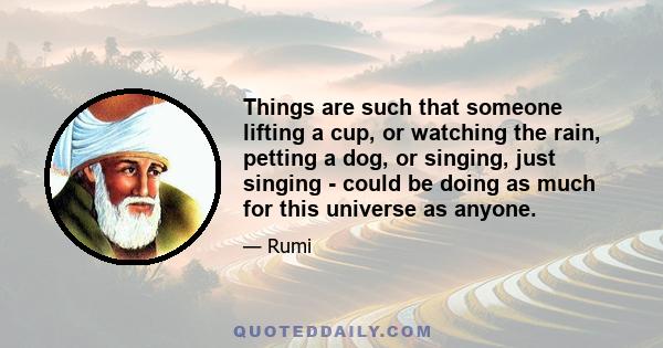 Things are such that someone lifting a cup, or watching the rain, petting a dog, or singing, just singing - could be doing as much for this universe as anyone.