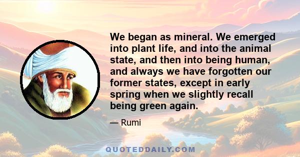 We began as mineral. We emerged into plant life, and into the animal state, and then into being human, and always we have forgotten our former states, except in early spring when we slightly recall being green again.