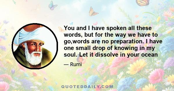 You and I have spoken all these words, but for the way we have to go,words are no preparation. I have one small drop of knowing in my soul. Let it dissolve in your ocean