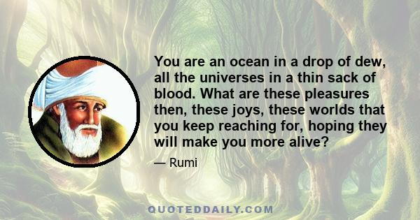 You are an ocean in a drop of dew, all the universes in a thin sack of blood. What are these pleasures then, these joys, these worlds that you keep reaching for, hoping they will make you more alive?