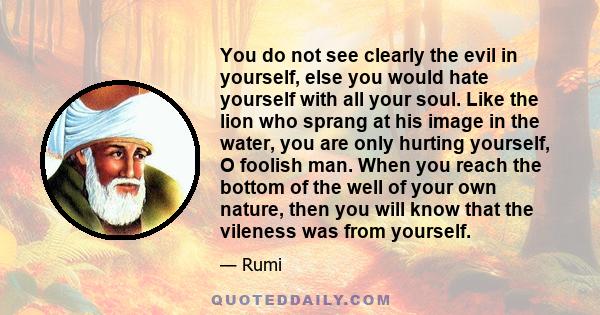 You do not see clearly the evil in yourself, else you would hate yourself with all your soul. Like the lion who sprang at his image in the water, you are only hurting yourself, O foolish man. When you reach the bottom