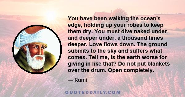 You have been walking the ocean's edge, holding up your robes to keep them dry. You must dive naked under and deeper under, a thousand times deeper. Love flows down. The ground submits to the sky and suffers what comes. 