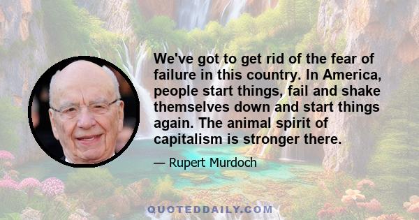 We've got to get rid of the fear of failure in this country. In America, people start things, fail and shake themselves down and start things again. The animal spirit of capitalism is stronger there.