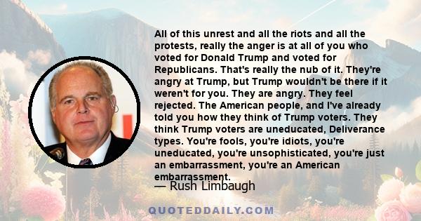 All of this unrest and all the riots and all the protests, really the anger is at all of you who voted for Donald Trump and voted for Republicans. That's really the nub of it. They're angry at Trump, but Trump wouldn't