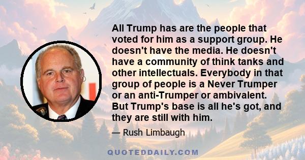 All Trump has are the people that voted for him as a support group. He doesn't have the media. He doesn't have a community of think tanks and other intellectuals. Everybody in that group of people is a Never Trumper or