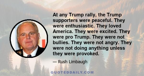 At any Trump rally, the Trump supporters were peaceful. They were enthusiastic. They loved America. They were excited. They were pro Trump. They were not bullies. They were not angry. They were not doing anything unless 