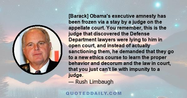 [Barack] Obama's executive amnesty has been frozen via a stay by a judge on the appellate court. You remember, this is the judge that discovered the Defense Department lawyers were lying to him in open court, and