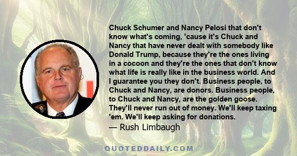 Chuck Schumer and Nancy Pelosi that don't know what's coming, 'cause it's Chuck and Nancy that have never dealt with somebody like Donald Trump, because they're the ones living in a cocoon and they're the ones that