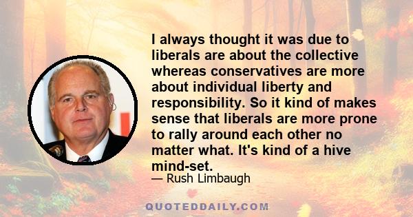 I always thought it was due to liberals are about the collective whereas conservatives are more about individual liberty and responsibility. So it kind of makes sense that liberals are more prone to rally around each