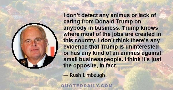 I don't detect any animus or lack of caring from Donald Trump on anybody in business. Trump knows where most of the jobs are created in this country. I don't think there's any evidence that Trump is uninterested or has