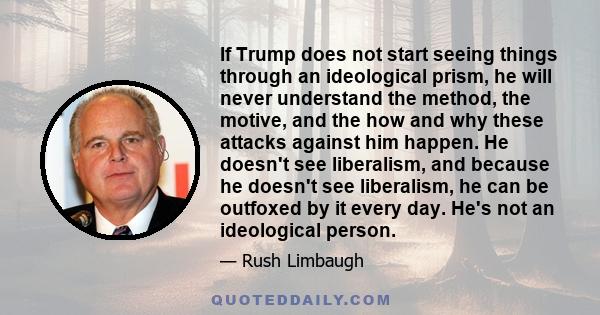 If Trump does not start seeing things through an ideological prism, he will never understand the method, the motive, and the how and why these attacks against him happen. He doesn't see liberalism, and because he