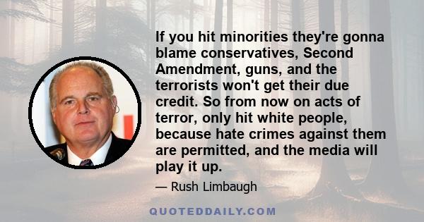 If you hit minorities they're gonna blame conservatives, Second Amendment, guns, and the terrorists won't get their due credit. So from now on acts of terror, only hit white people, because hate crimes against them are