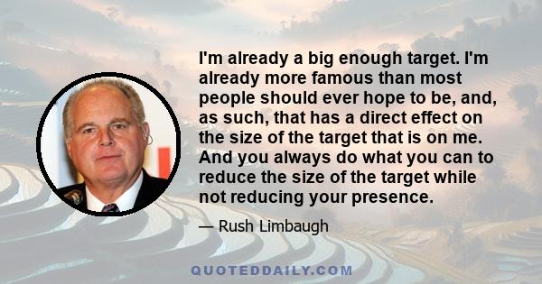 I'm already a big enough target. I'm already more famous than most people should ever hope to be, and, as such, that has a direct effect on the size of the target that is on me. And you always do what you can to reduce