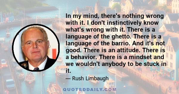 In my mind, there's nothing wrong with it. I don't instinctively know what's wrong with it. There is a language of the ghetto. There is a language of the barrio. And it's not good. There is an attitude. There is a