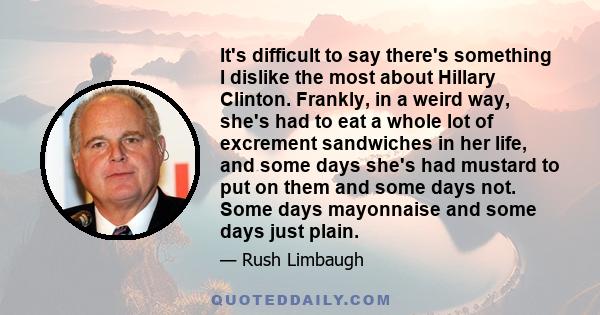 It's difficult to say there's something I dislike the most about Hillary Clinton. Frankly, in a weird way, she's had to eat a whole lot of excrement sandwiches in her life, and some days she's had mustard to put on them 