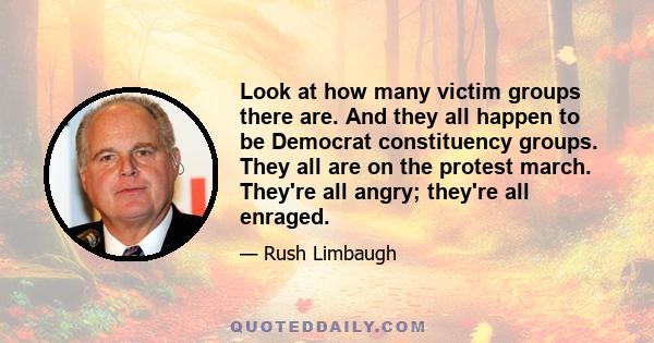 Look at how many victim groups there are. And they all happen to be Democrat constituency groups. They all are on the protest march. They're all angry; they're all enraged.