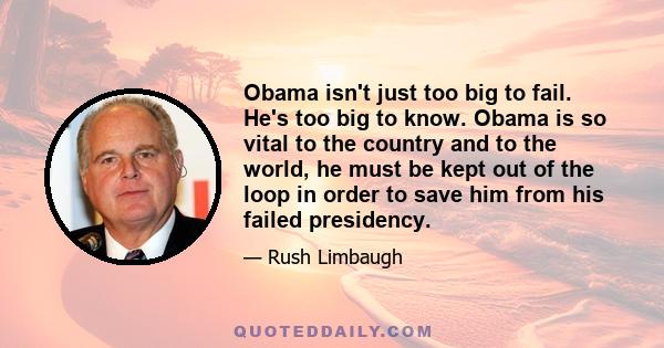 Obama isn't just too big to fail. He's too big to know. Obama is so vital to the country and to the world, he must be kept out of the loop in order to save him from his failed presidency.