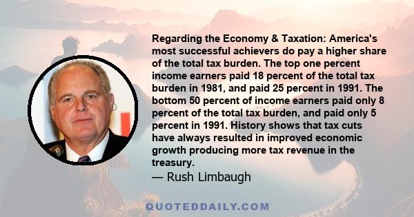 Regarding the Economy & Taxation: America's most successful achievers do pay a higher share of the total tax burden. The top one percent income earners paid 18 percent of the total tax burden in 1981, and paid 25