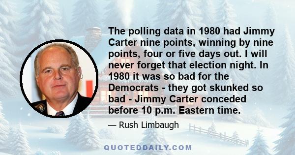 The polling data in 1980 had Jimmy Carter nine points, winning by nine points, four or five days out. I will never forget that election night. In 1980 it was so bad for the Democrats - they got skunked so bad - Jimmy