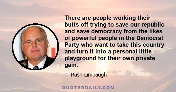 There are people working their butts off trying to save our republic and save democracy from the likes of powerful people in the Democrat Party who want to take this country and turn it into a personal little playground 