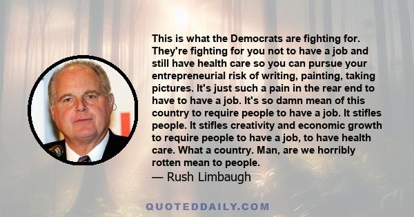 This is what the Democrats are fighting for. They're fighting for you not to have a job and still have health care so you can pursue your entrepreneurial risk of writing, painting, taking pictures. It's just such a pain 