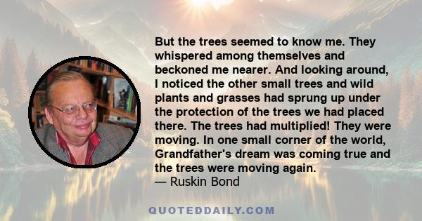 But the trees seemed to know me. They whispered among themselves and beckoned me nearer. And looking around, I noticed the other small trees and wild plants and grasses had sprung up under the protection of the trees we 