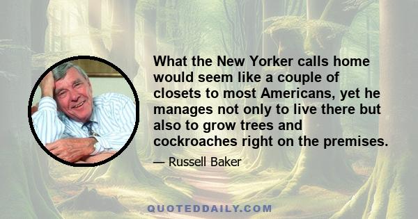 What the New Yorker calls home would seem like a couple of closets to most Americans, yet he manages not only to live there but also to grow trees and cockroaches right on the premises.