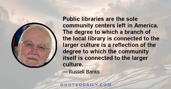 Public libraries are the sole community centers left in America. The degree to which a branch of the local library is connected to the larger culture is a reflection of the degree to which the community itself is