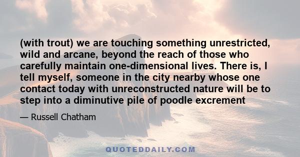 (with trout) we are touching something unrestricted, wild and arcane, beyond the reach of those who carefully maintain one-dimensional lives. There is, I tell myself, someone in the city nearby whose one contact today