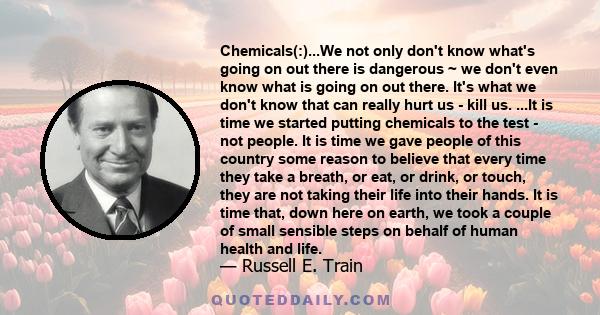 Chemicals(:)...We not only don't know what's going on out there is dangerous ~ we don't even know what is going on out there. It's what we don't know that can really hurt us - kill us. ...It is time we started putting