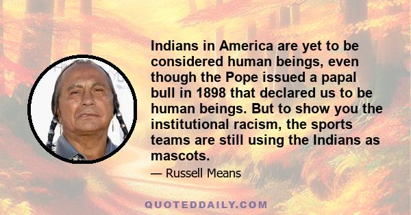 Indians in America are yet to be considered human beings, even though the Pope issued a papal bull in 1898 that declared us to be human beings. But to show you the institutional racism, the sports teams are still using