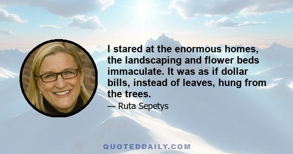 I stared at the enormous homes, the landscaping and flower beds immaculate. It was as if dollar bills, instead of leaves, hung from the trees.