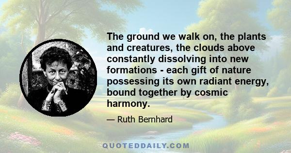 The ground we walk on, the plants and creatures, the clouds above constantly dissolving into new formations - each gift of nature possessing its own radiant energy, bound together by cosmic harmony.