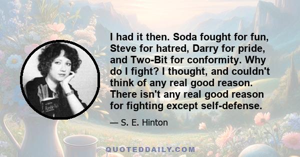 I had it then. Soda fought for fun, Steve for hatred, Darry for pride, and Two-Bit for conformity. Why do I fight? I thought, and couldn't think of any real good reason. There isn't any real good reason for fighting