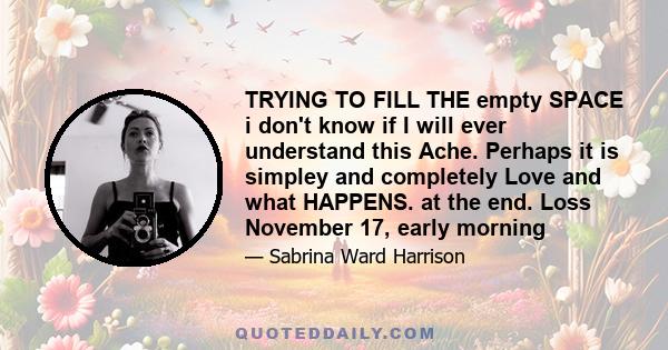 TRYING TO FILL THE empty SPACE i don't know if I will ever understand this Ache. Perhaps it is simpley and completely Love and what HAPPENS. at the end. Loss November 17, early morning