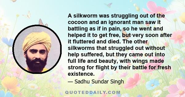 A silkworm was struggling out of the cocoon and an ignorant man saw it battling as if in pain, so he went and helped it to get free, but very soon after it fluttered and died. The other silkworms that struggled out