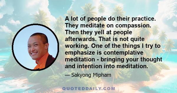 A lot of people do their practice. They meditate on compassion. Then they yell at people afterwards. That is not quite working. One of the things I try to emphasize is contemplative meditation - bringing your thought