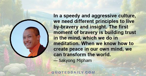 In a speedy and aggressive culture, we need different principles to live by-bravery and insight. The first moment of bravery is building trust in the mind, which we do in meditation. When we know how to create peace in